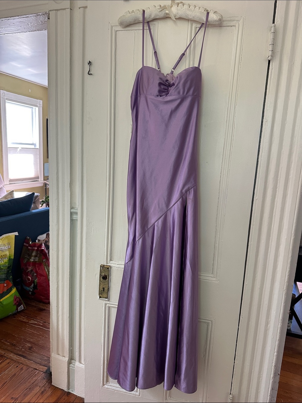Lavender Satin Spaghetti-Strap Prom Evening Dress